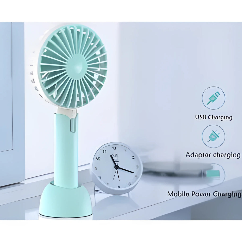 Blue USB-powered mini desk fan with three-speed settings and oscillating head on desktop