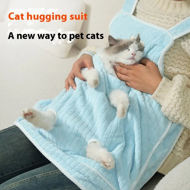 Cat petting apron in multiple colour options including pink, blue, purple and striped variations