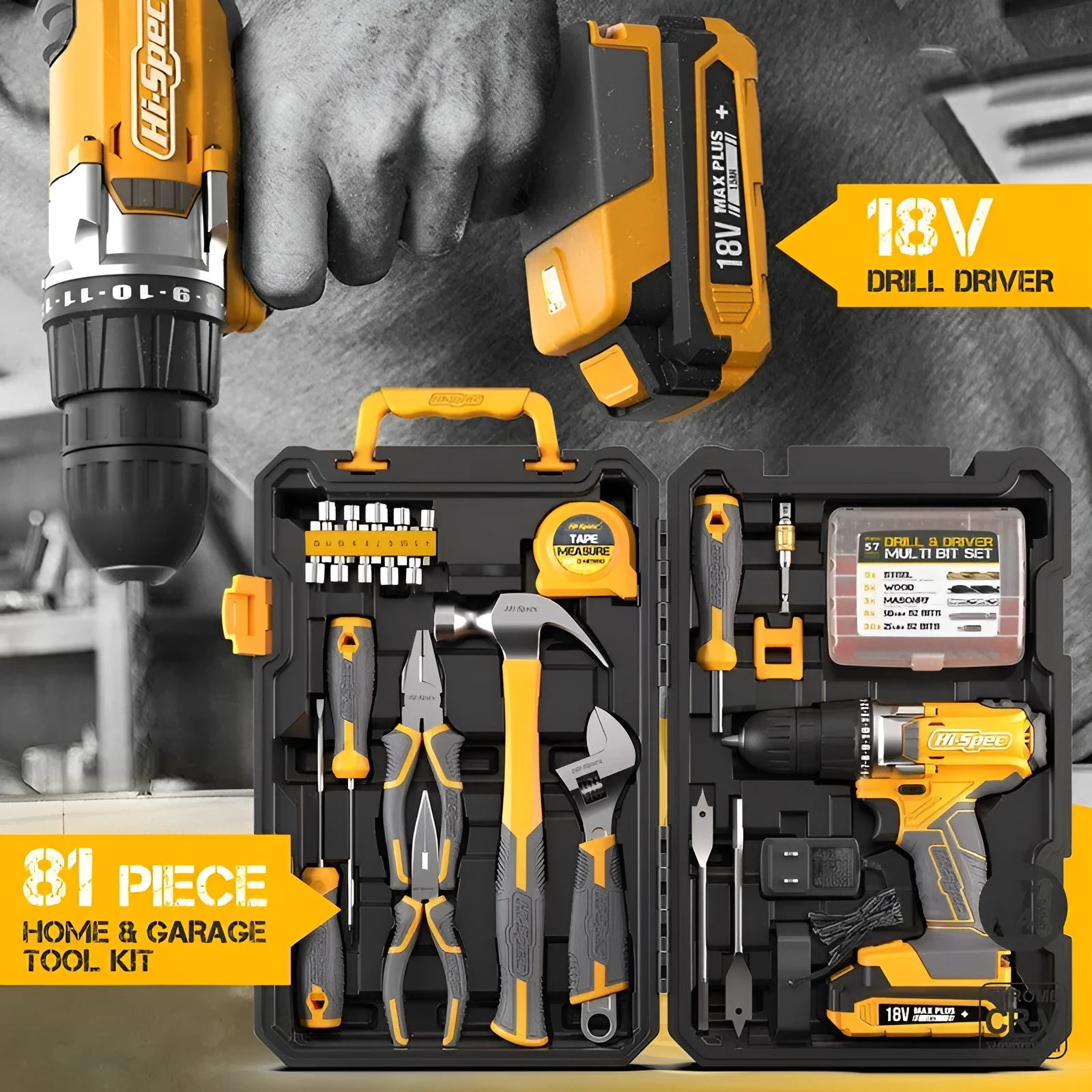 Grey-yellow 82-piece chrome-vanadium steel tool kit for furniture installation and home repair.