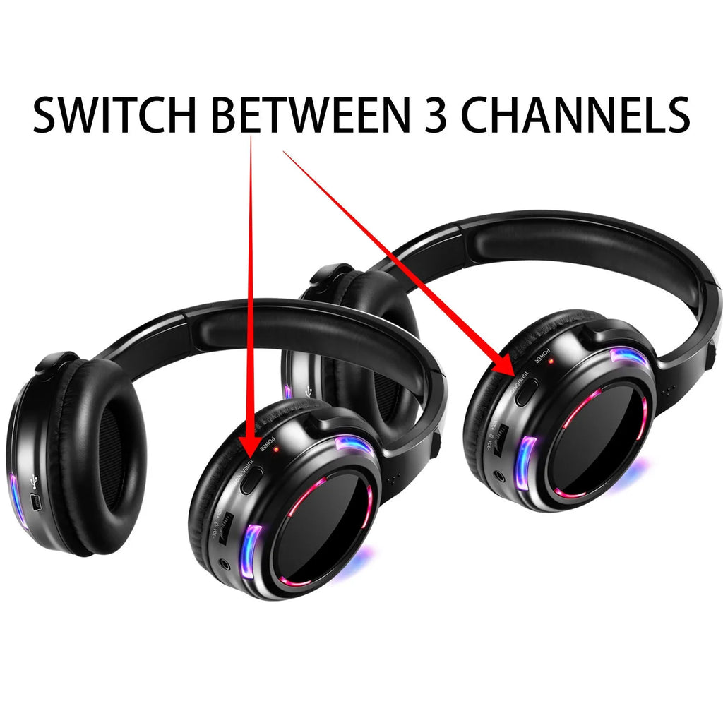 Black silent disco wireless headphones with head-mounted design and 3.5mm plug for event use