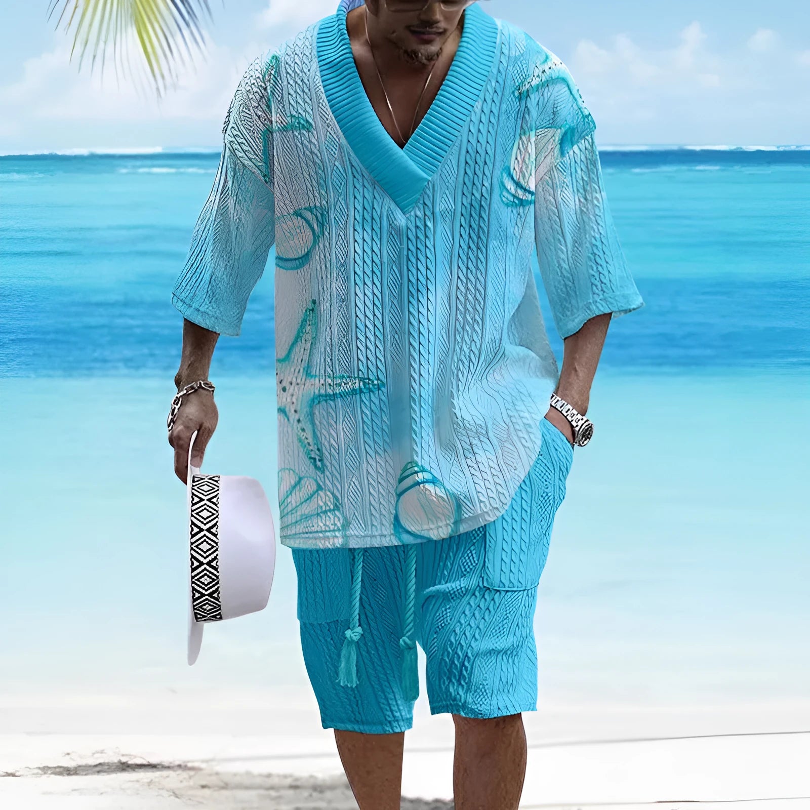 Men's loose casual short sleeve suit with matching shorts in polyester fabric