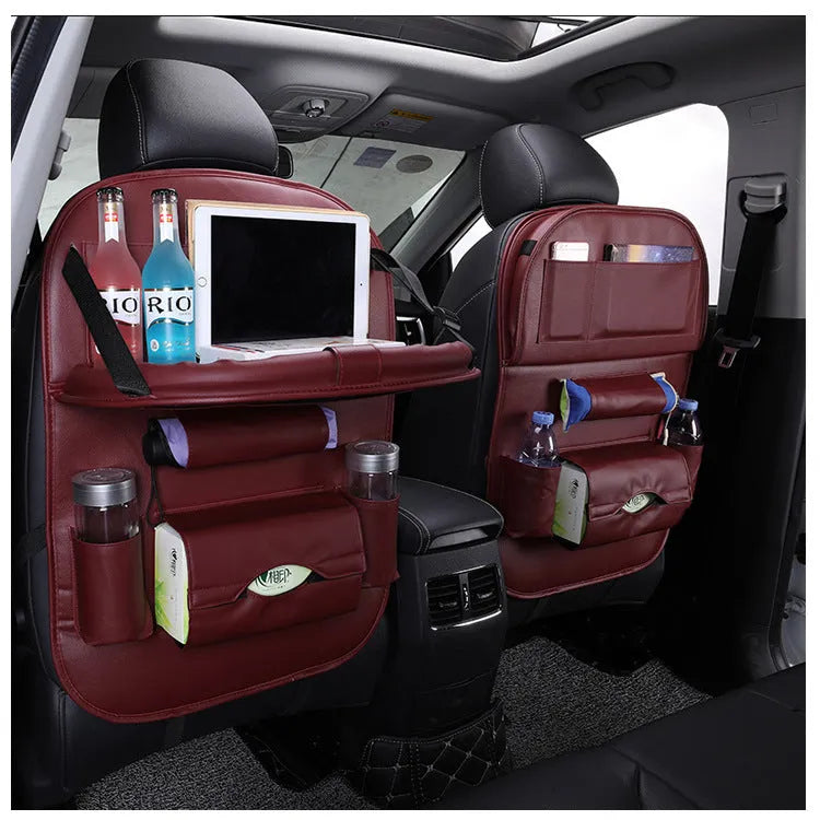 Leather car seat back hanging bag in black classic style with storage pockets