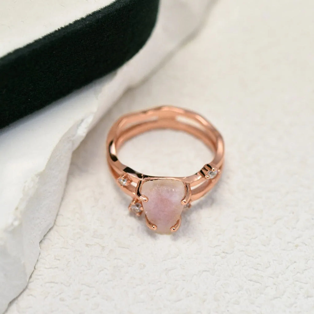 S925 sterling silver geometric ring with an irregular triangle moonstone in a choice of rose gold, white gold, or yellow gold finish.