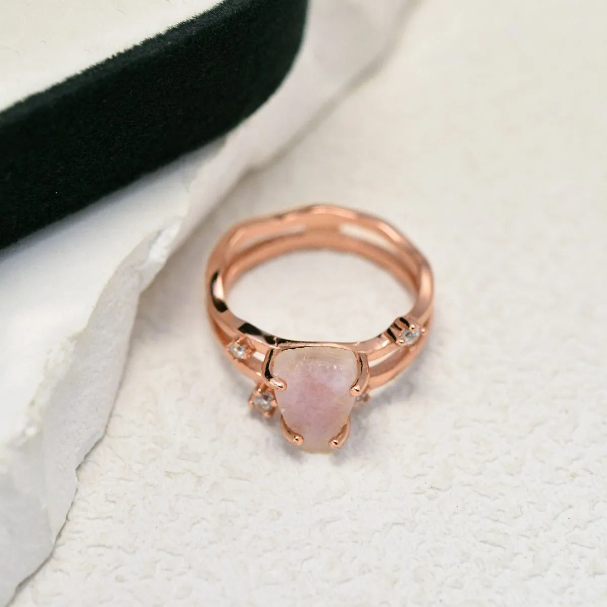 S925 sterling silver geometric ring with an irregular triangle moonstone in a choice of rose gold, white gold, or yellow gold finish.