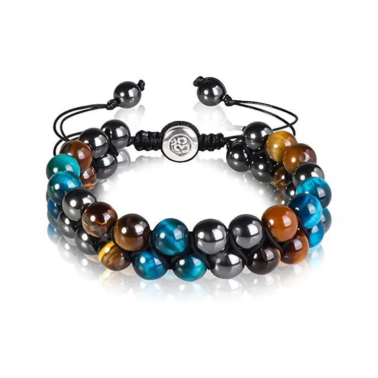 Men's tiger eye stone woven bracelet with geometry pattern and magnet closure