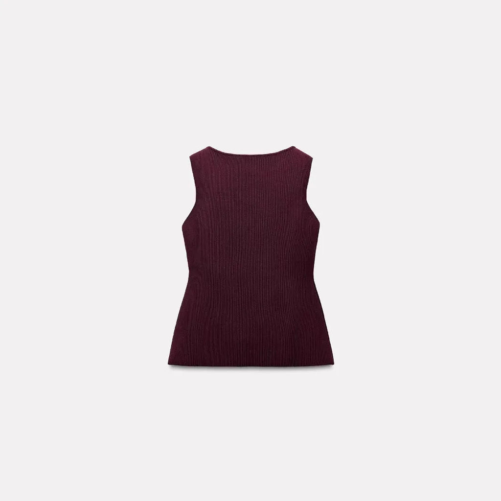Dark red viscose sweater vest with gold buttons and 3D pattern, slim fit sleeveless design