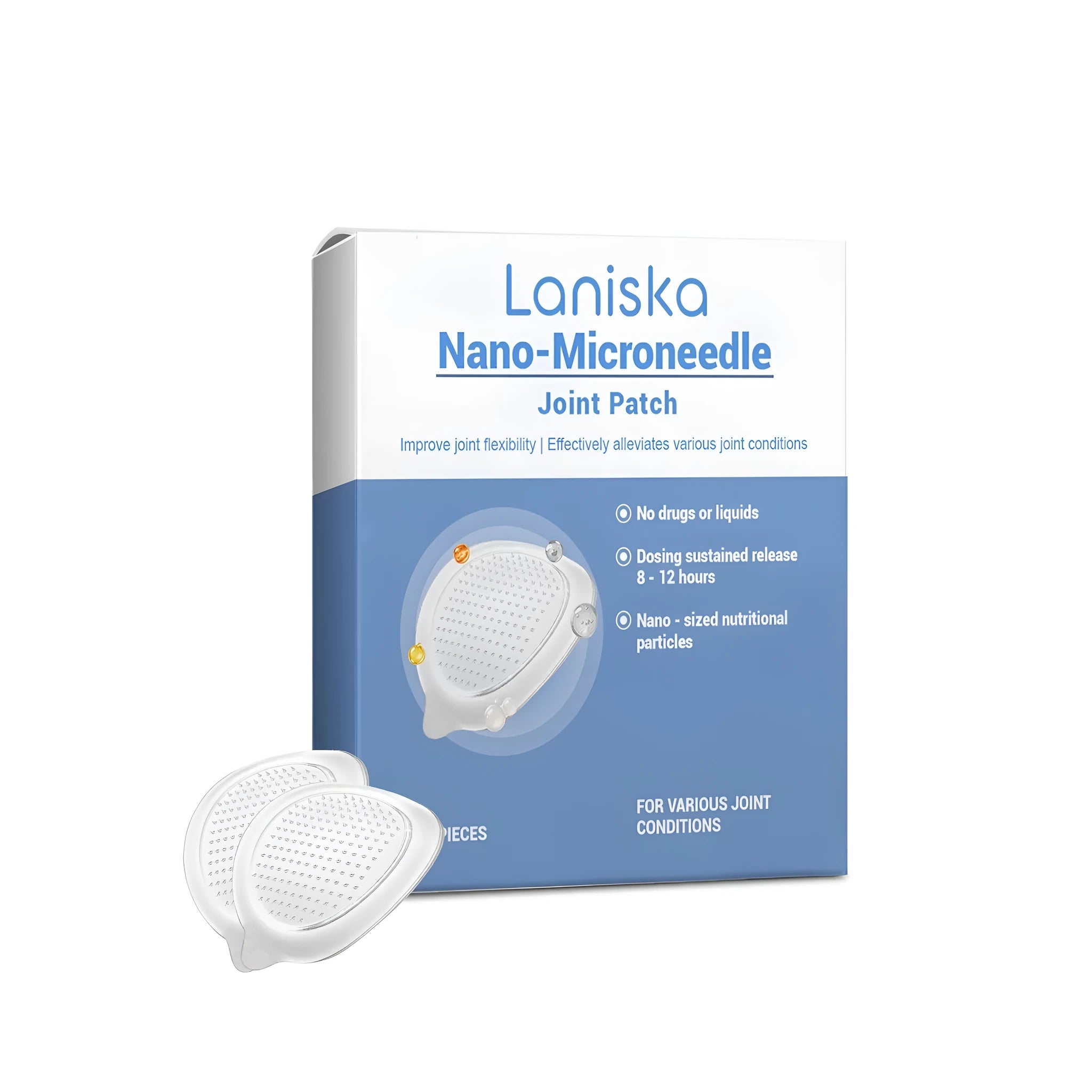 Nano-microneedle joint patch pack containing four transdermal patches for targeted herbal ingredient delivery.
