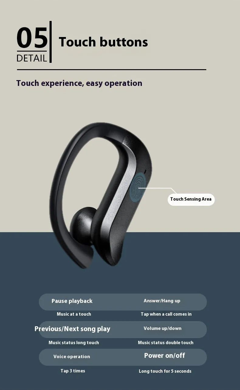 Black plastic wireless TWS sports Bluetooth headset with digital display screen, ear-mounted design