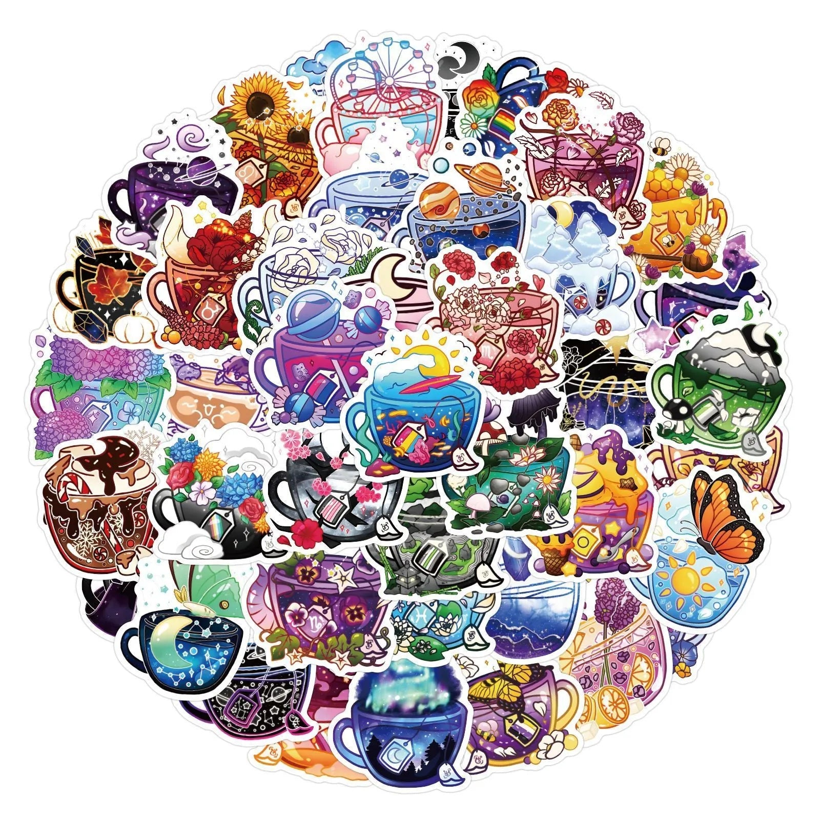 Pack of 50 colourful tea cup graffiti waterproof stickers in Nordic style for DIY luggage and scooter customisation.