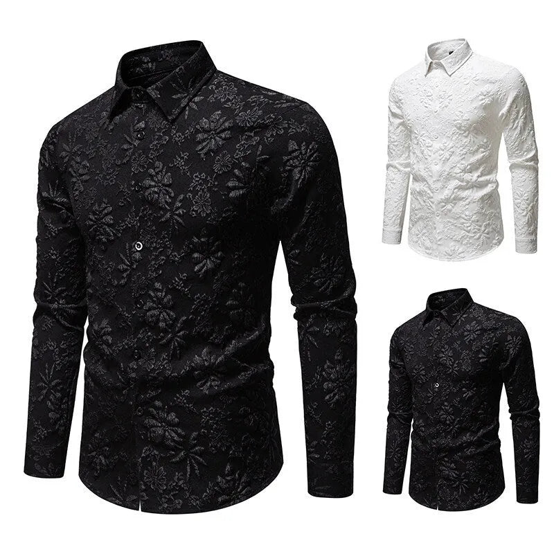 Men's floral jacquard long sleeve shirt, loose-fit cardigan style, solid colour in black, side view