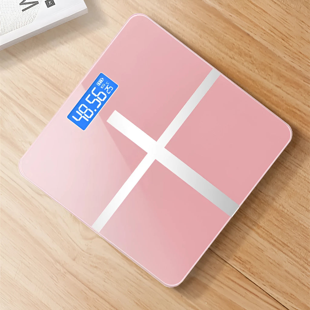 Electronic body scale with cross pattern in black, rose red, or white colours with USB charging