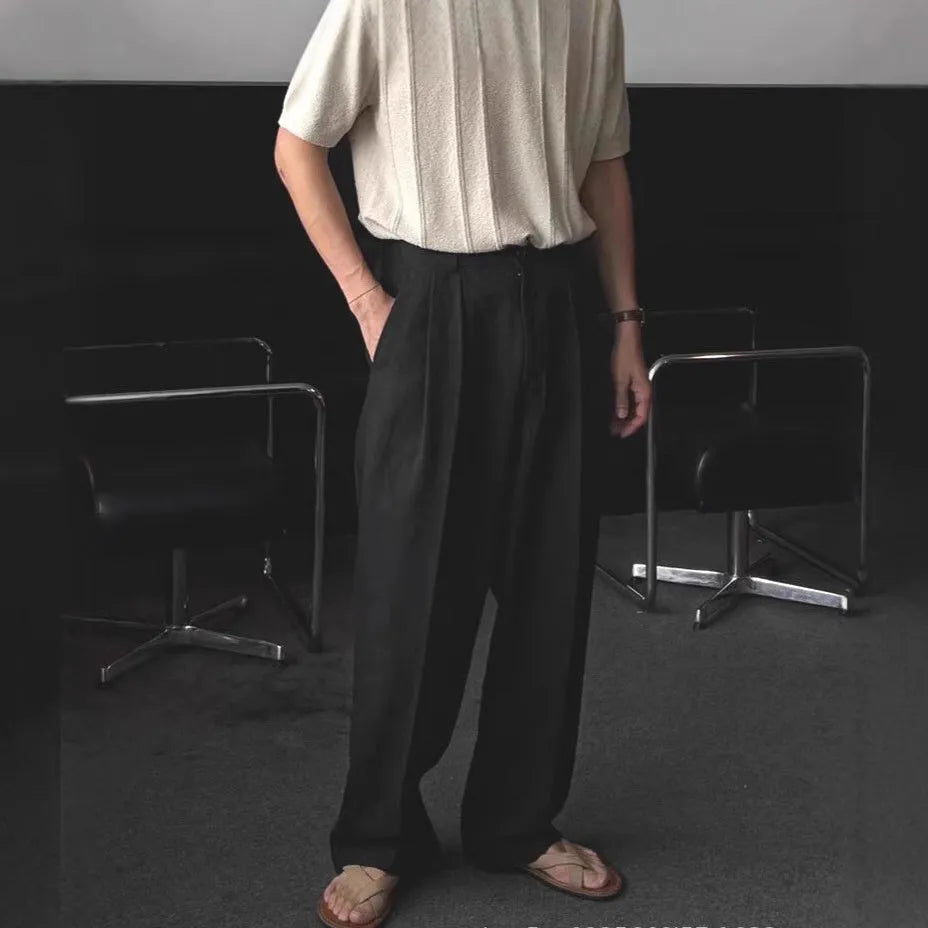 Men's light-weight cotton linen trousers in apricot with wide-leg design and micro-elastic waist