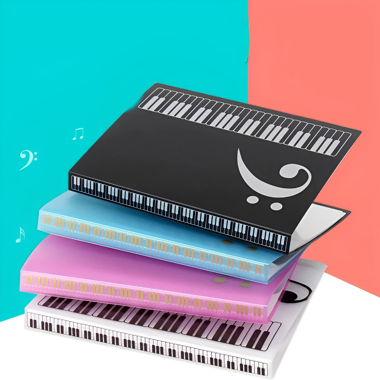 A4 black piano music folder with transparent plastic inserts for holding sheet music.