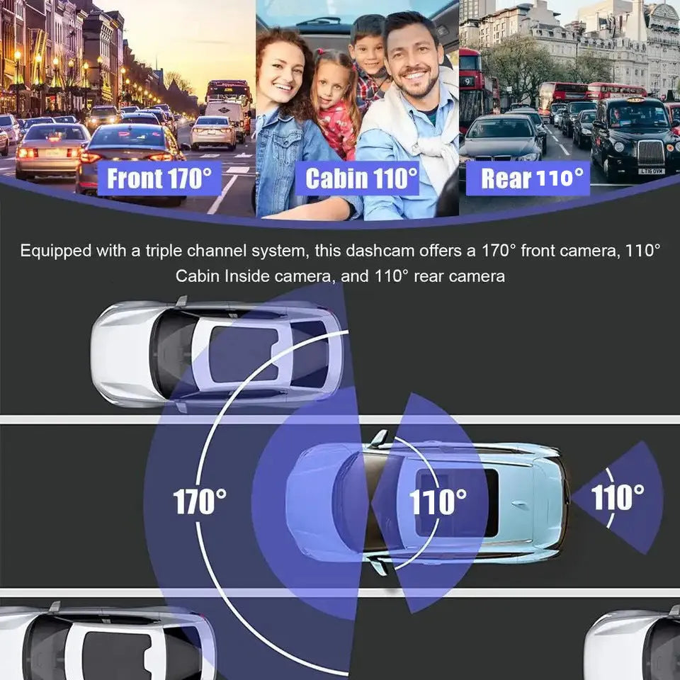 Black three-lens dashboard camera for front windshield mounting with a 3-inch screen