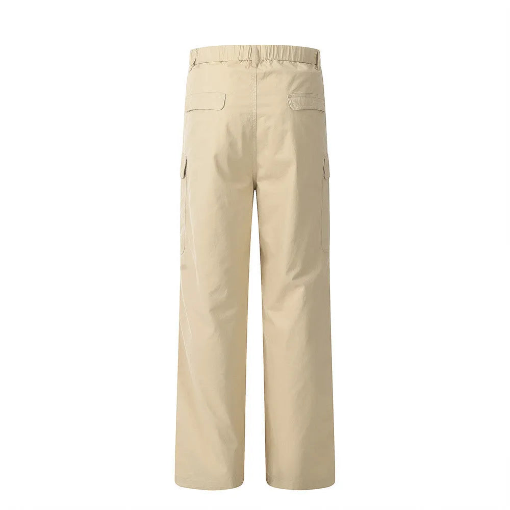 Men's solid colour cotton casual trousers in khaki, full-length view on display