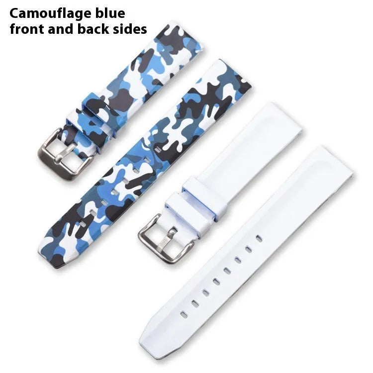 Green camouflage silicone watch strap with universal flat head lugs on a grey background.