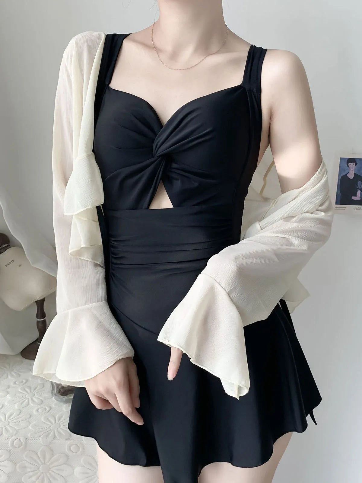 Women's milk silk two-piece swimsuit set with jacket in black, solid colour, size S to XL