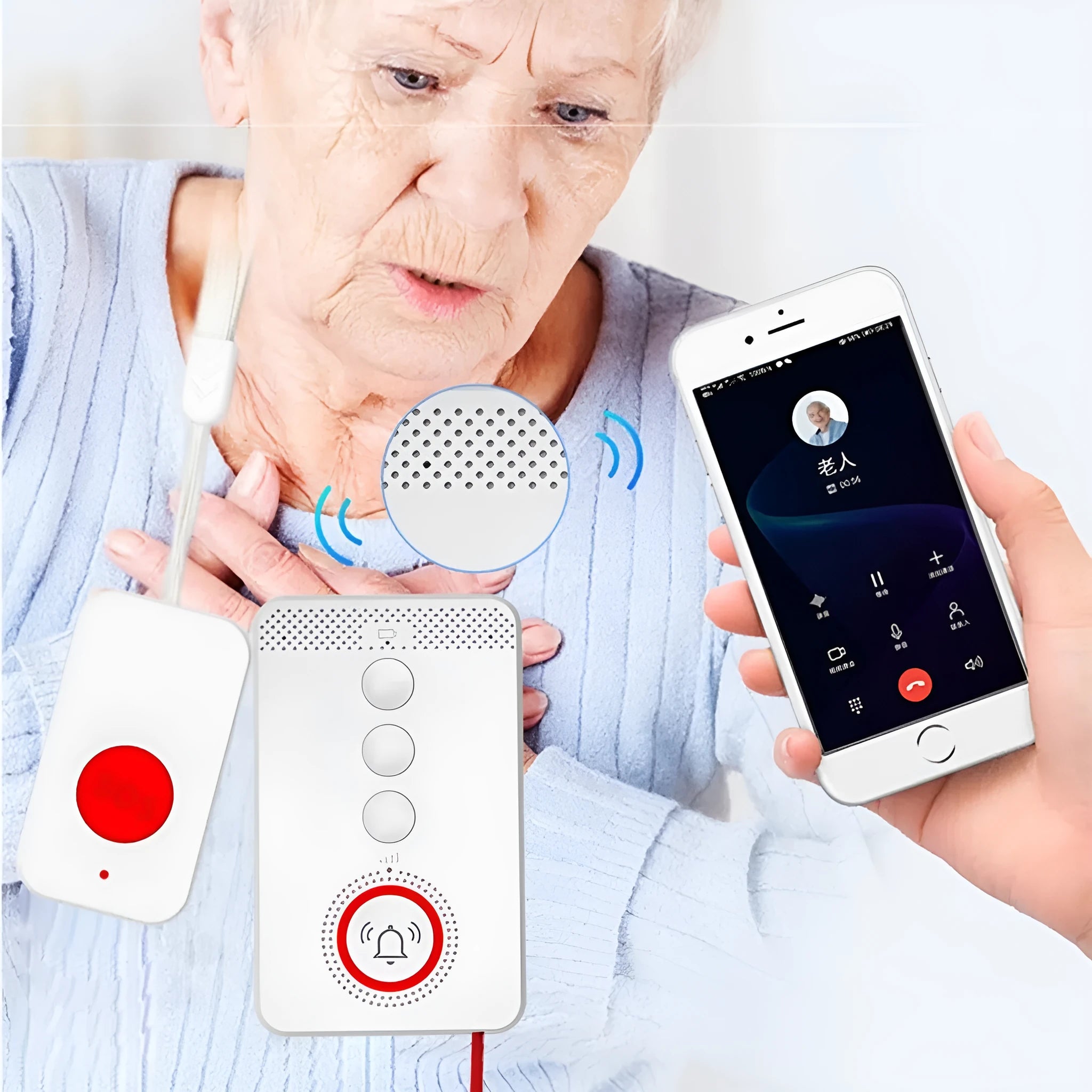White emergency alert device set with one buzzer unit and three call buttons.