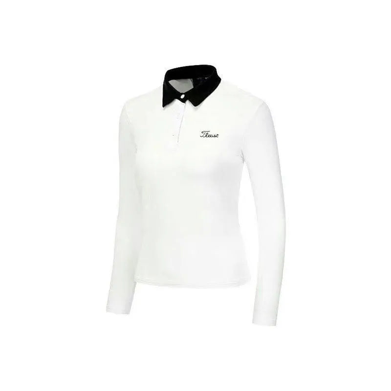 Women's white long sleeve polyester golf top with slim-fit sports style for outdoor sun protection
