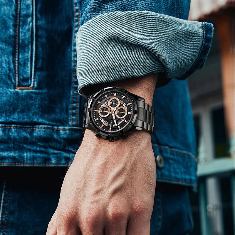 Men's stainless steel casual watch with luminous hands and waterproof design, shown in black and blue colour variant.