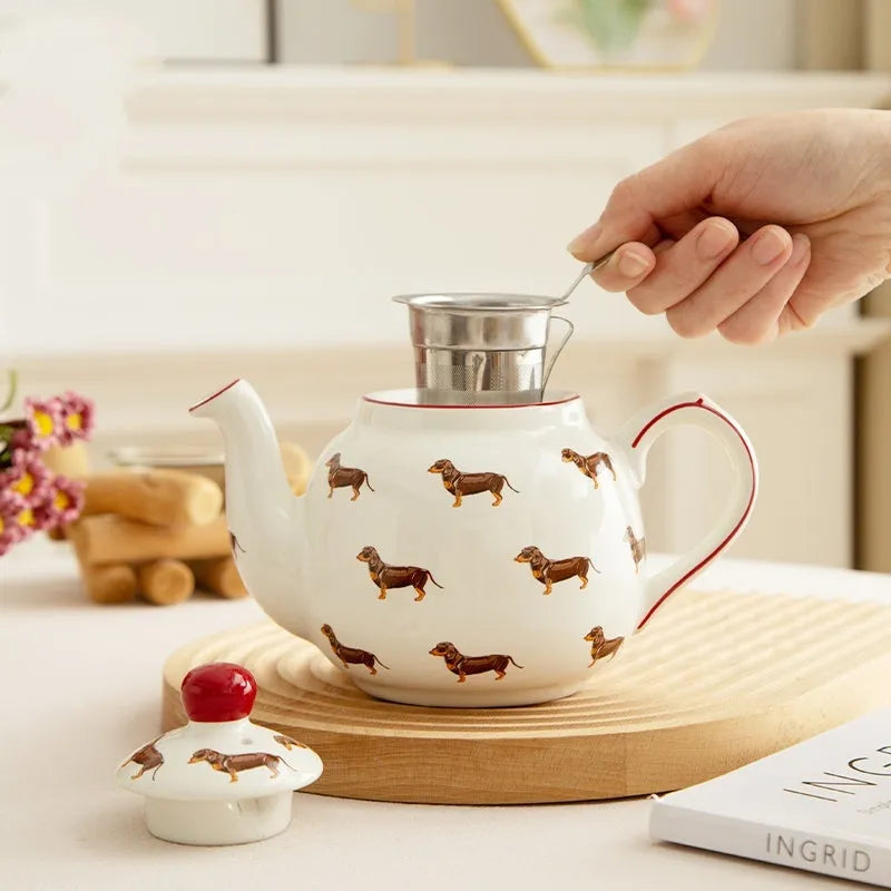 Ceramic pastoral sausage dog tea set with teapot mug and cup on saucer