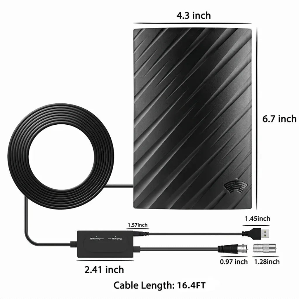 Black plastic indoor HD digital television antenna with mounting accessories including screws and expansion tubes.