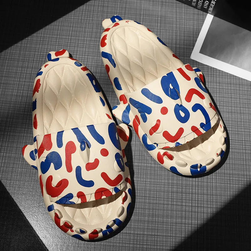 Shark design open-toe EVA slippers for men and women in beige, shown in size 40.