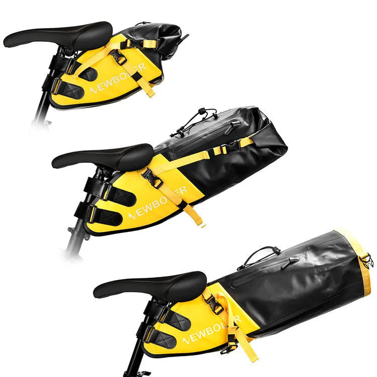 Waterproof PVC bicycle tail bag in yellow, mounted on bike, showing 13L capacity.