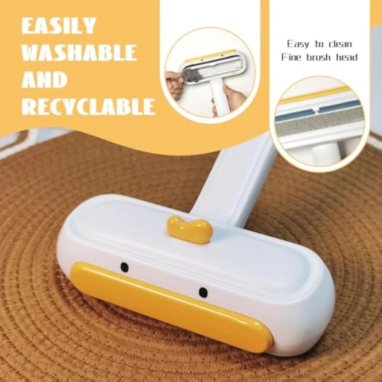 Manual pet hair remover tool with yellow duck design and polyester bristles