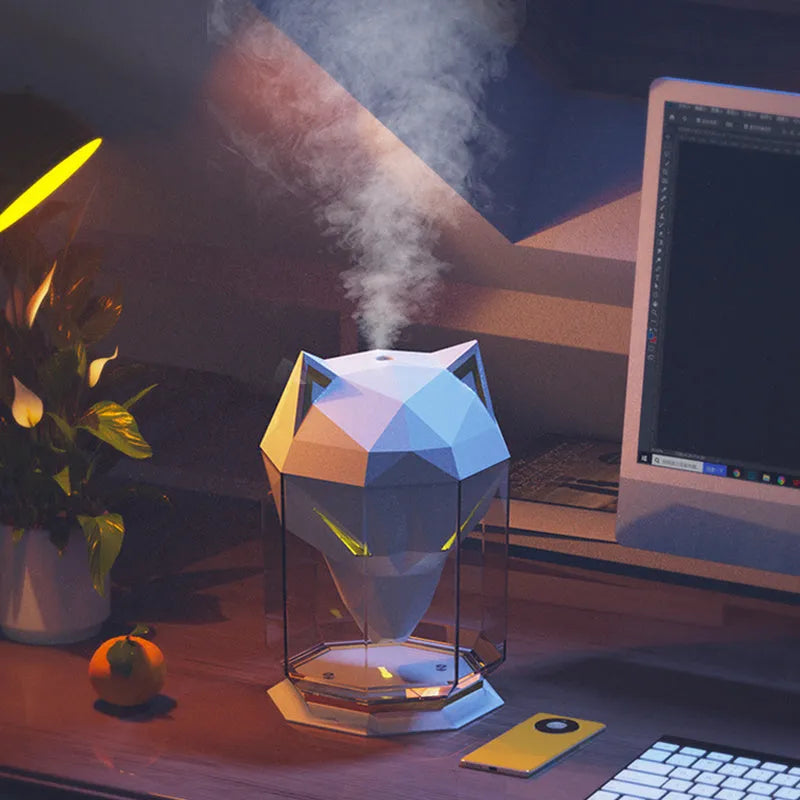War Wolf black or white ultrasonic desktop humidifier with colourful LED lights and USB cable