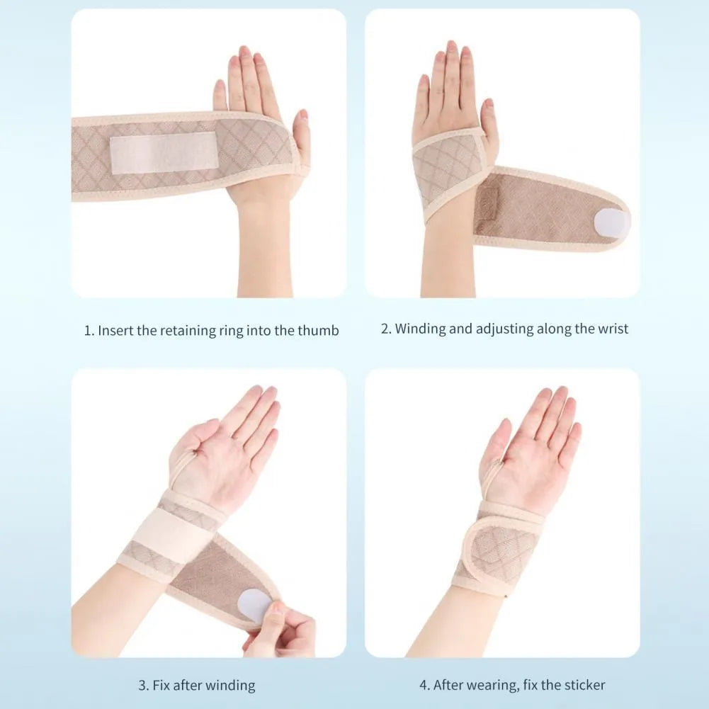 Black adjustable wrist brace for carpal tunnel support with hook-and-loop strap on hand