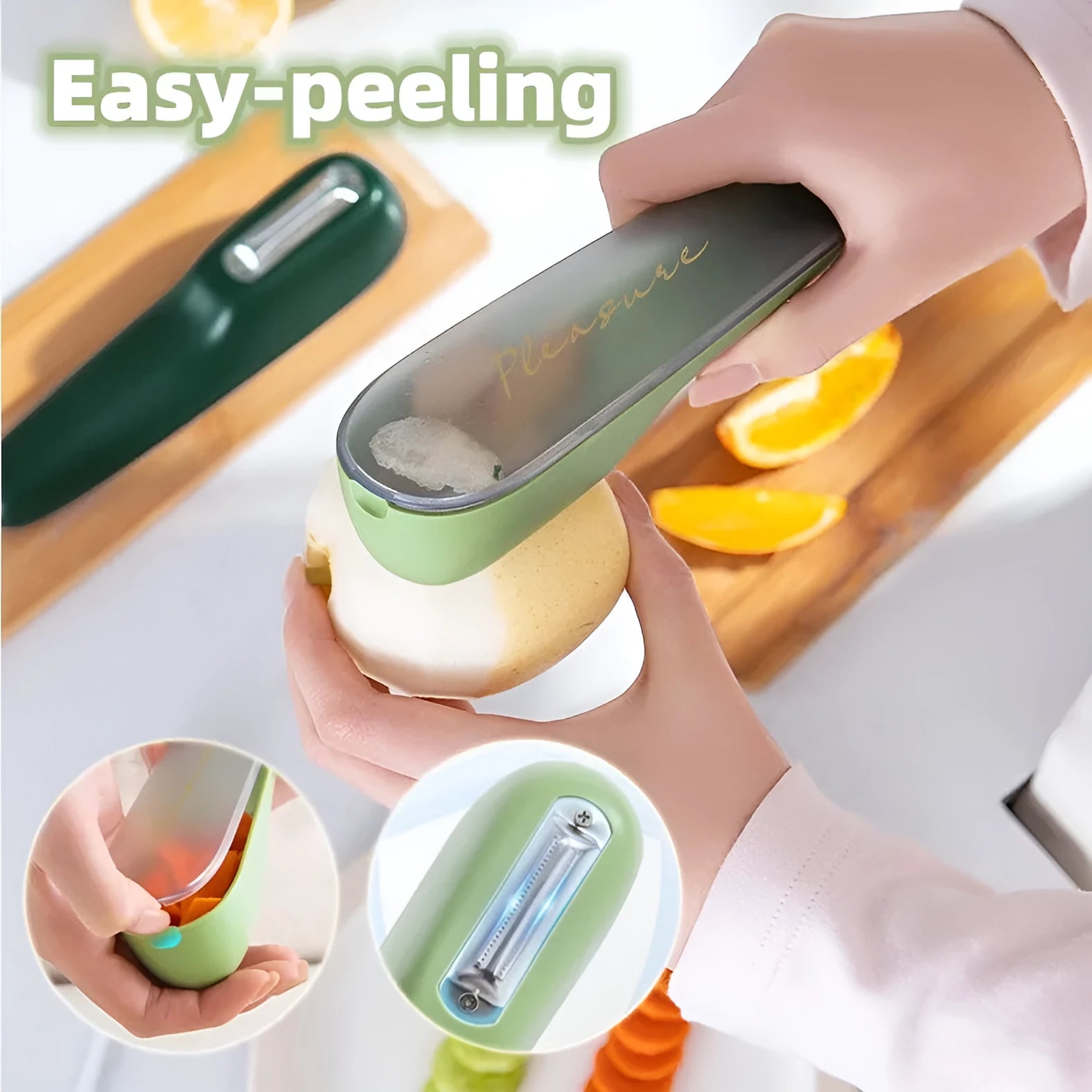 Dark green potato peeler with a removable storage tube and a stainless steel blade.