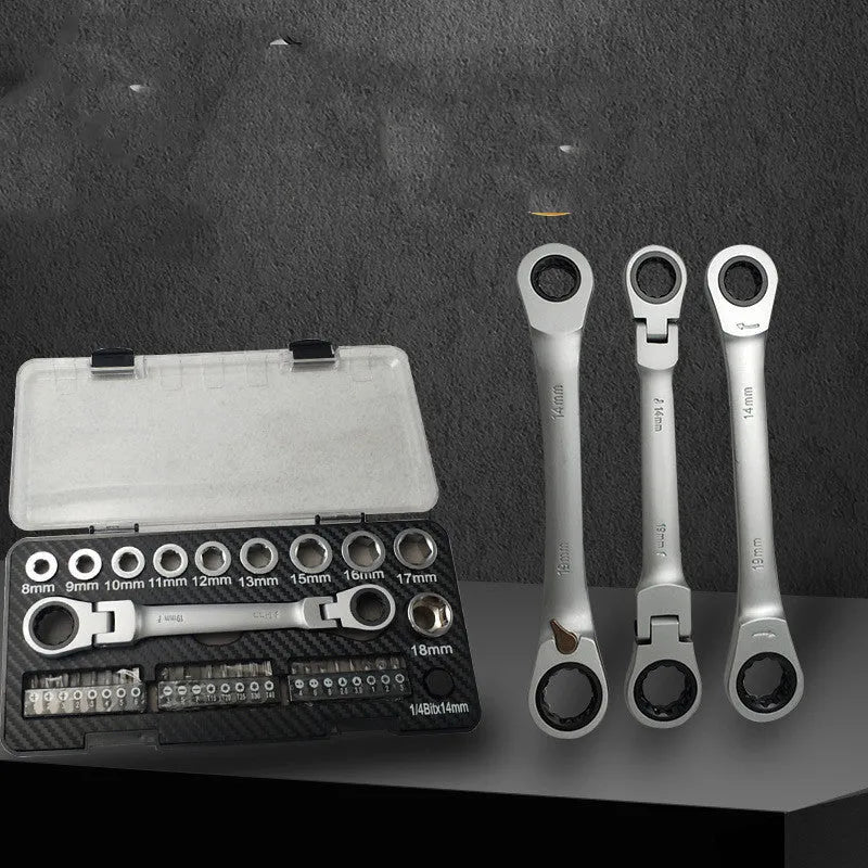 Dual-purpose ratchet wrench and screwdriver set with two-way mechanism, sockets, and bit heads on a workbench.