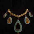 Peacock green agate water drop pendant necklace on heavy woven Cuban link chain with copper setting