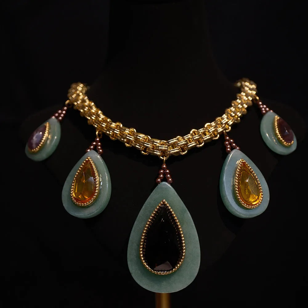 Peacock green agate water drop pendant necklace on heavy woven Cuban link chain with copper setting
