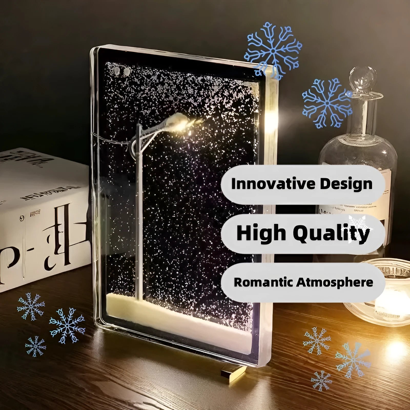 DIY magic snowy landscape night light kit with LED lights and snow effect for Christmas desktop decor.