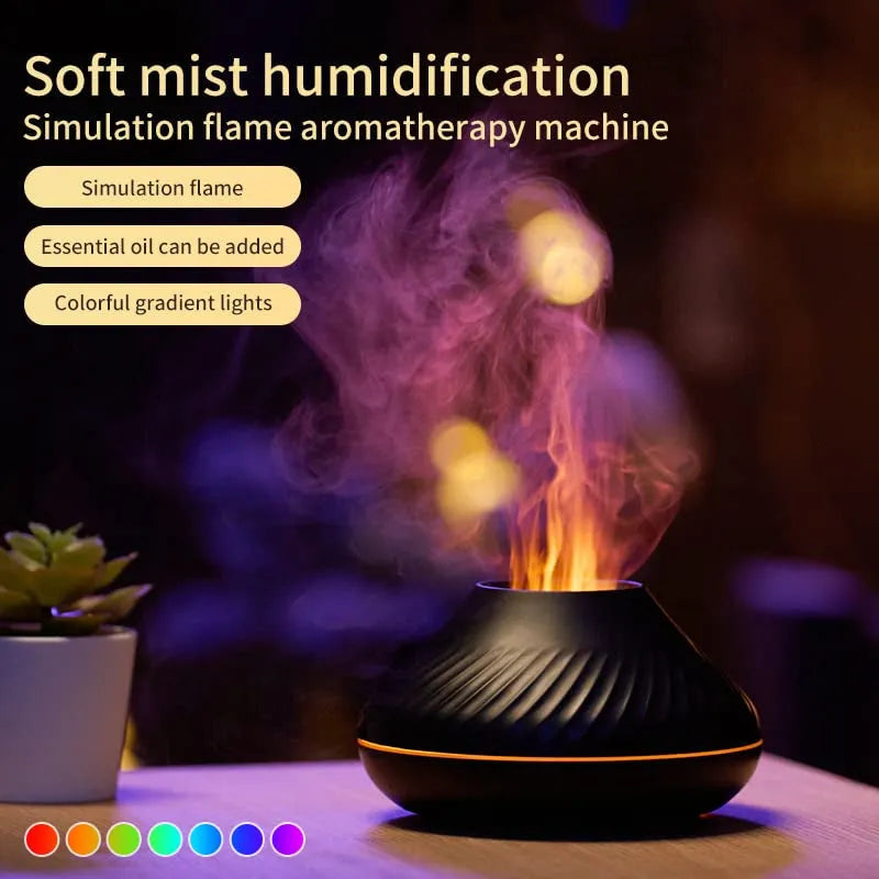 Beige USB aroma diffuser essential oil lamp with flame effect lighting on wooden surface