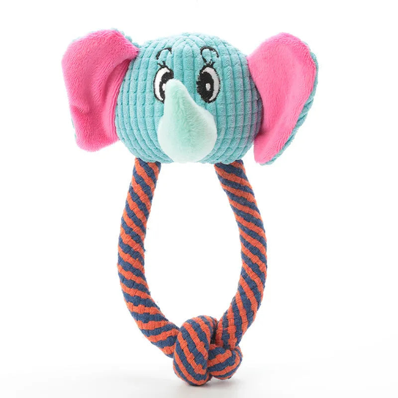 Dog cotton rope squeaky toy in dog style for teeth cleaning and play