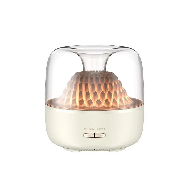 Beige resin round desktop aroma diffuser with colourful light on a wooden nightstand