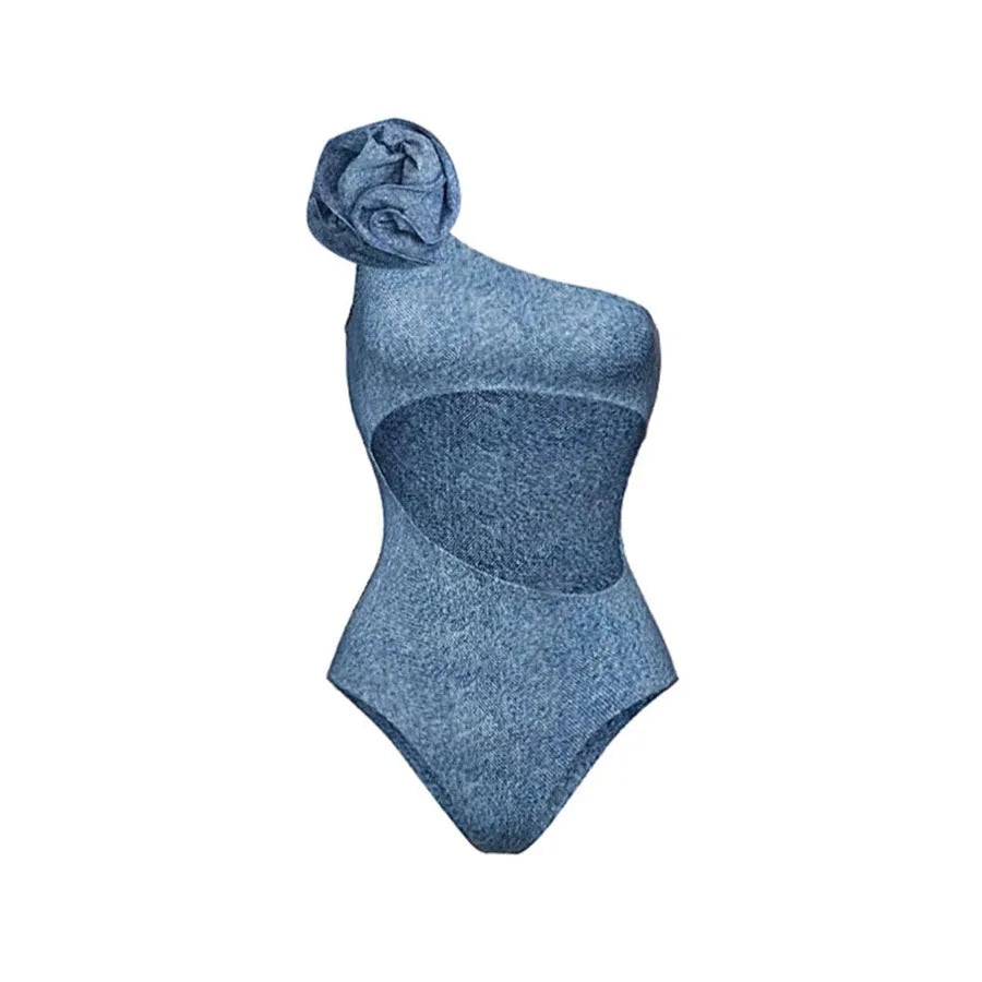 Women's one-shoulder hollow design flower decorative nylon swimsuit in soft cowboy style