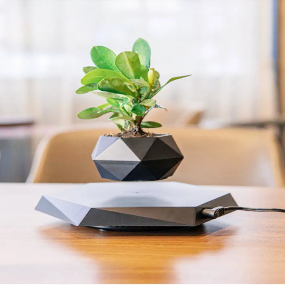 Hexagonal wood grain magnetic levitating flower pot floating 15mm above base