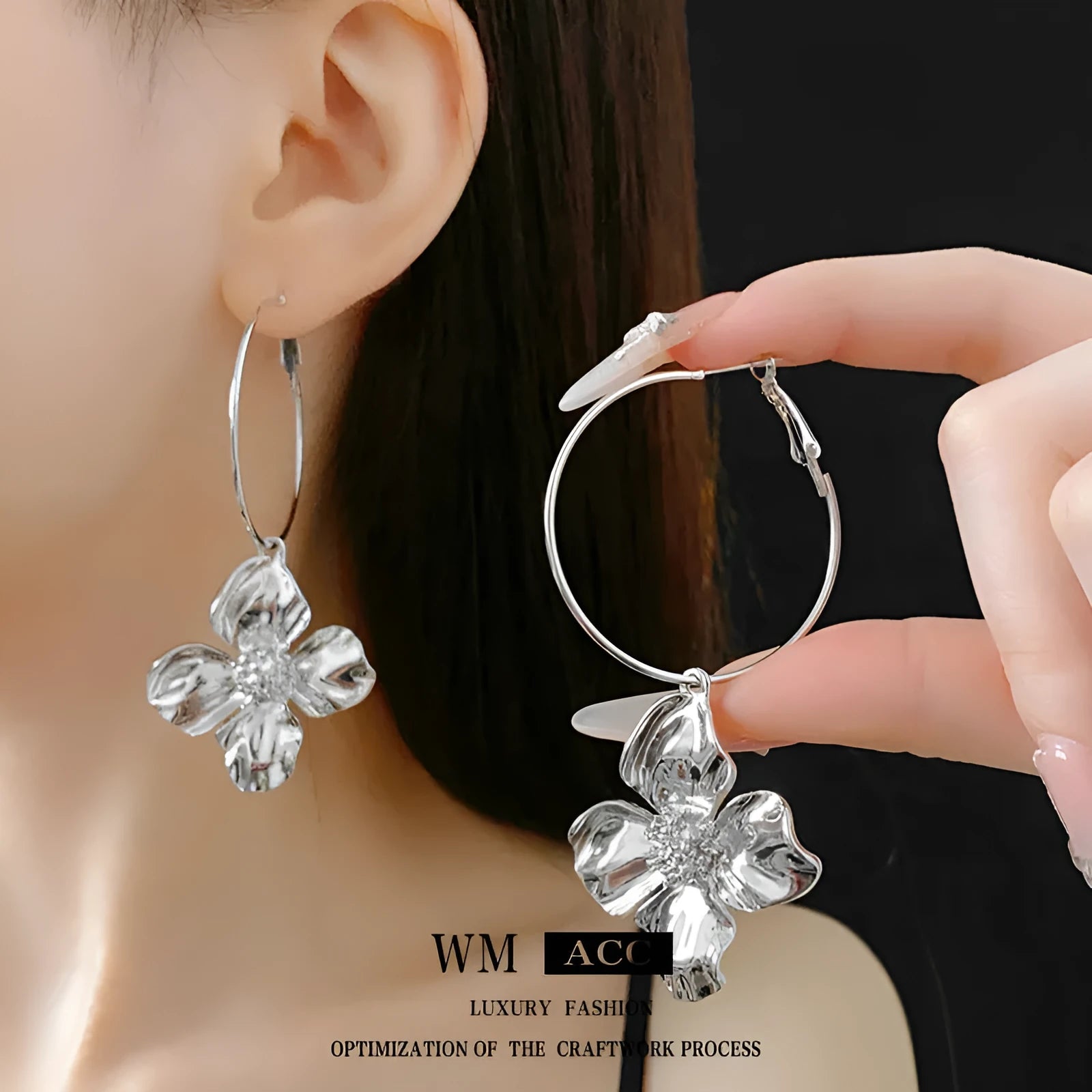 Gold and silver electroplated metal flower earrings with geometric shapes and vintage cold style design
