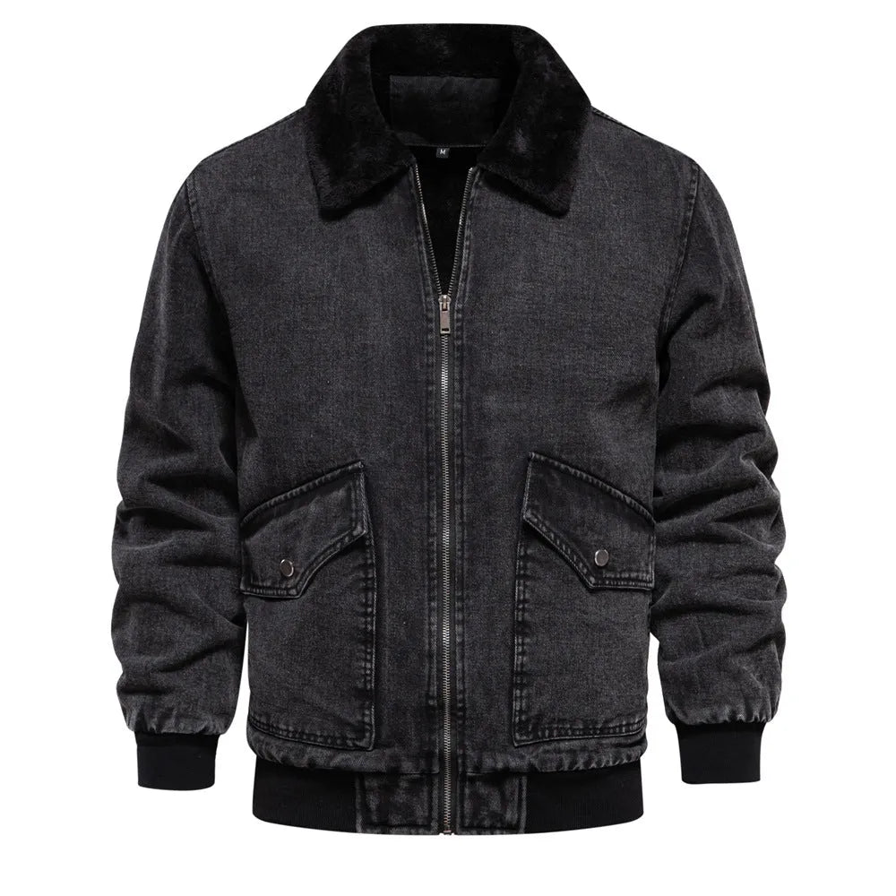 Men's plush denim jacket in dark blue with long sleeves and bag seam pockets