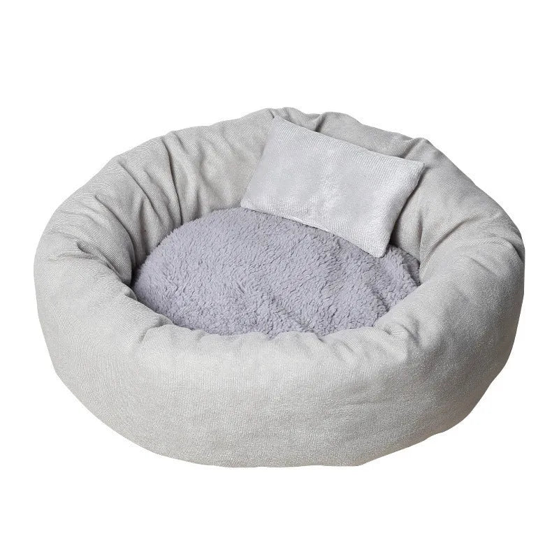 PP cotton filled dog bed in light grey with optional pillow, showing soft texture and round shape