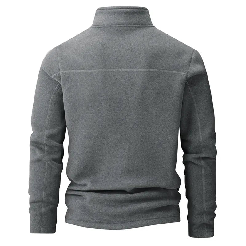 Men's stand collar half-zip long sleeve fleece sweatshirt in dark gray, loose fit, front view