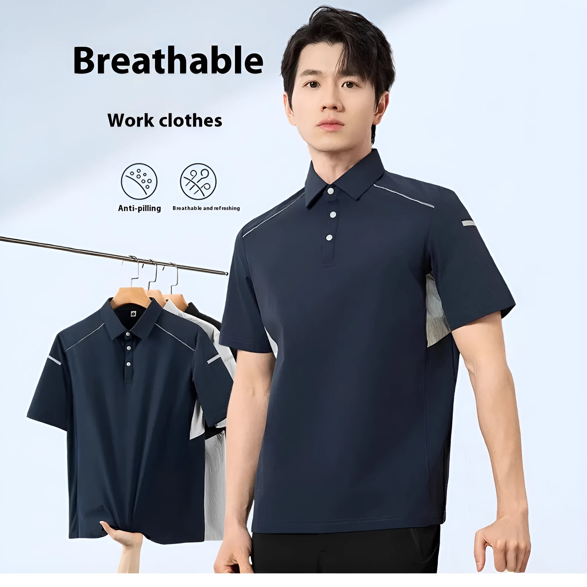Man wearing a solid colour short sleeve ice feeling quick-dry T-shirt.