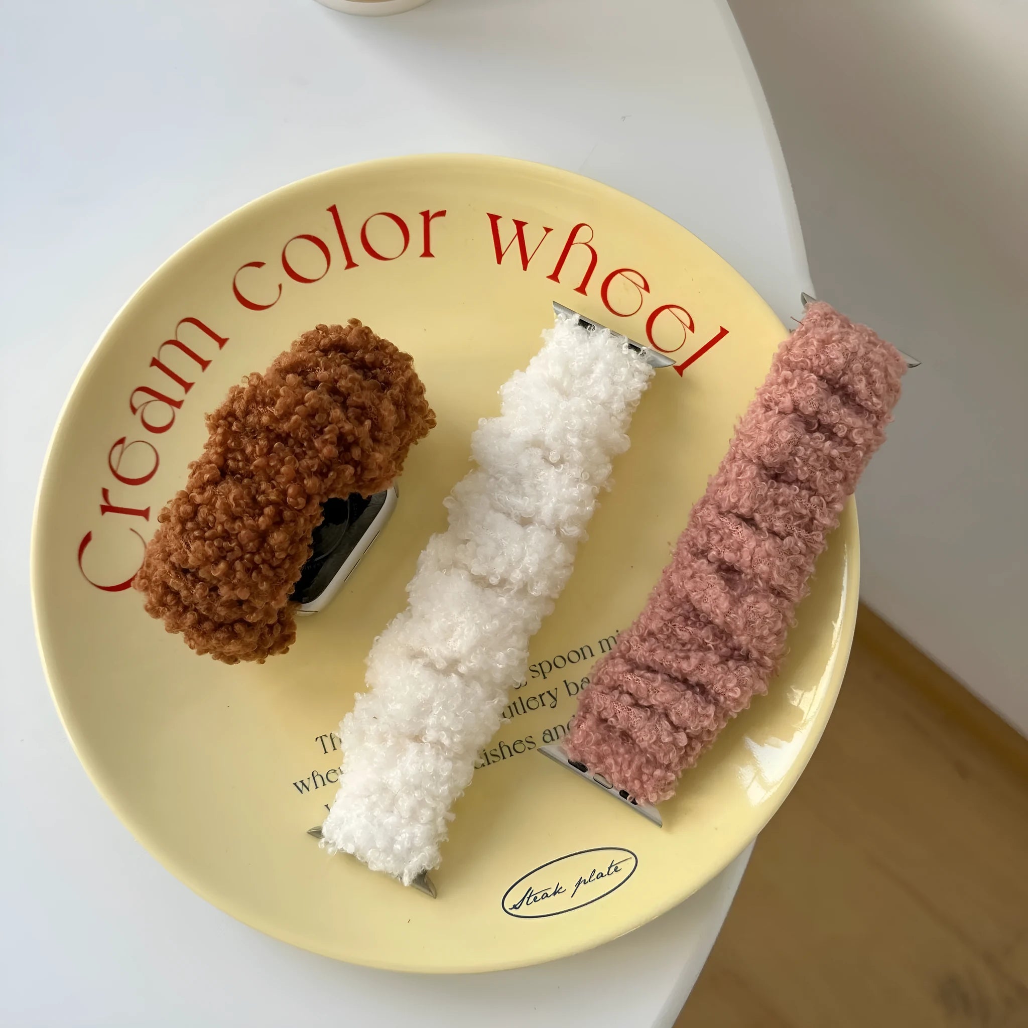 Teddy plush elastic hair ring watch strap for Apple Watch 38mm to 49mm in brown, rose pink, and white
