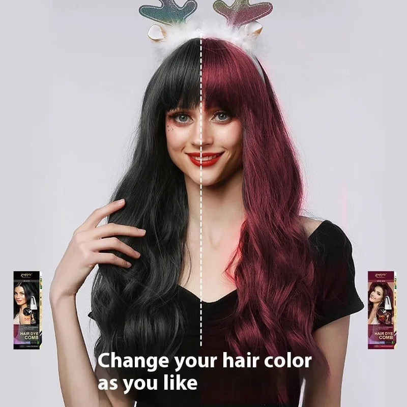 Black box for Easy Comb Hair Dye Kit showing Brown, Dark Brown and Wine Red 200ML bottles.