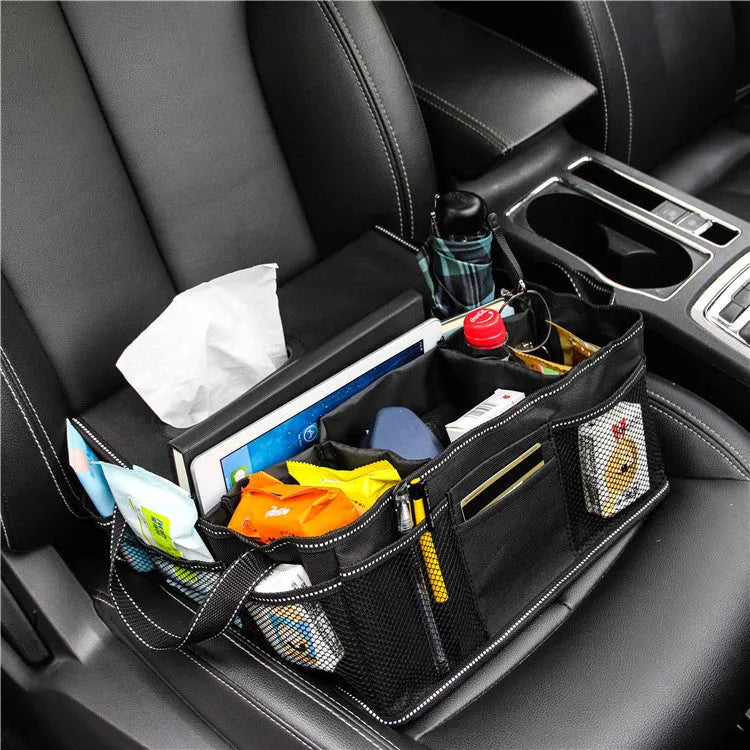Black oxford cloth car trunk storage box with 33cm width and depth, 16cm height.