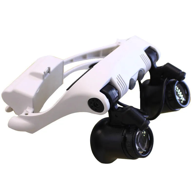Headset magnifying glass LED light with four magnification settings and adjustable headband